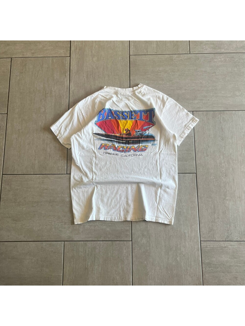 Vintage Hanes White Bassett Racing Graphic T-Shirt Large Cotton